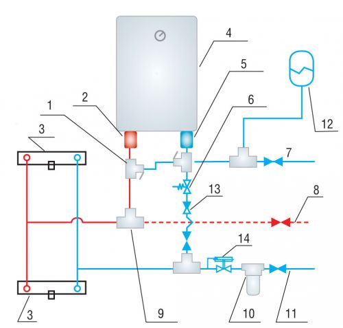 Изображение схемы обвязки электрического водонагревателя индивидуальной системы ГВС