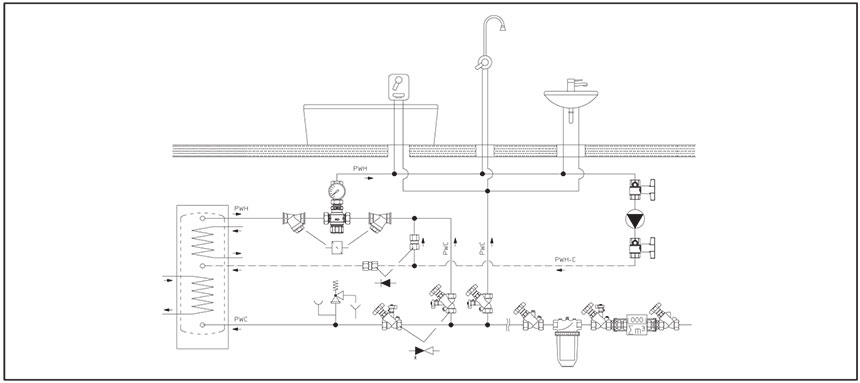 Зображення схема підключення термозмішувальний клапана для захисту від опіків